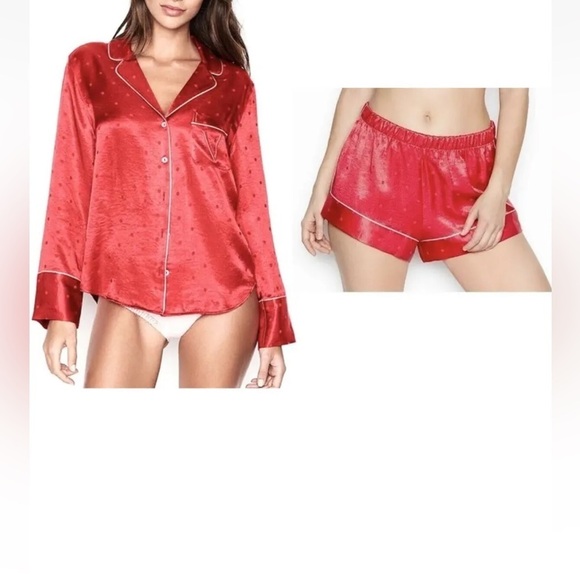 VICTORIAS SECRET CHERRY RED POLKA DOT SILKY SLEEP SHIRT SHORT PJ SET PAJAMA